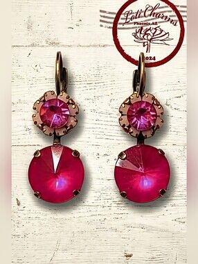 Pink Peony Flower Swarovski Crystal In Two Stone Drop Brass Earrings